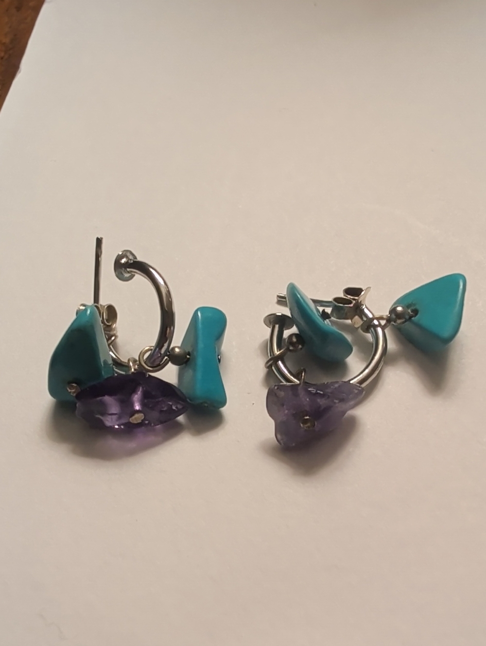 Amethyst Turquoise Earrings silver tone hoop post drop earrings removable stones